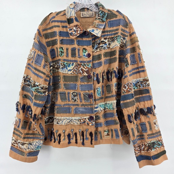 new directions Jackets & Blazers - New‎ Direction Shirt Jacket XL Beige Patchwork Artsy Boho Indie Ethnic
